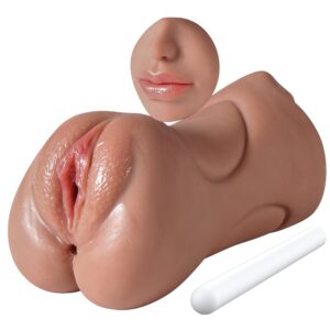 3 in 1 Pocket Pussy Male Masturbator, Adult Sex Toys with 3D Textured Vagina & Tight Anus & Drying Stick, Sex Doll Male Blowjob Stroker with Real Mouth Tongue for Man Masturbation Pleasure(Wheat)